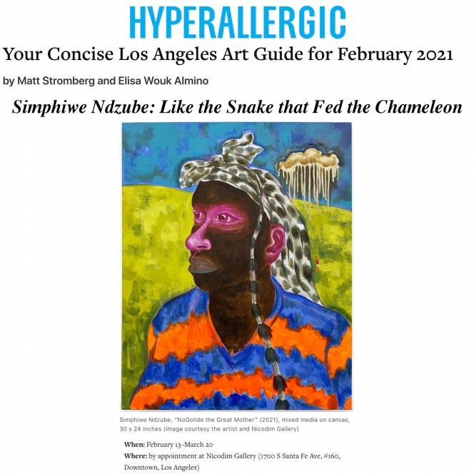 Simphiwe Ndzube in Hyperallergic's Concise Art Guide for Los Angeles in February 2021